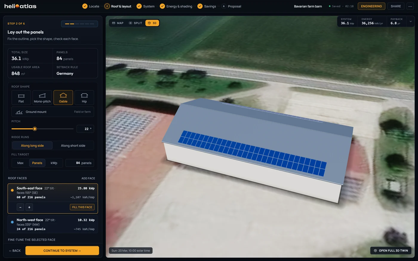 HelioAtlas studio, 3-D view of the Bavarian barn example: a long gable roof with two rows of panels on the near, south-east slope and one row along the ridge of the far, north-west slope