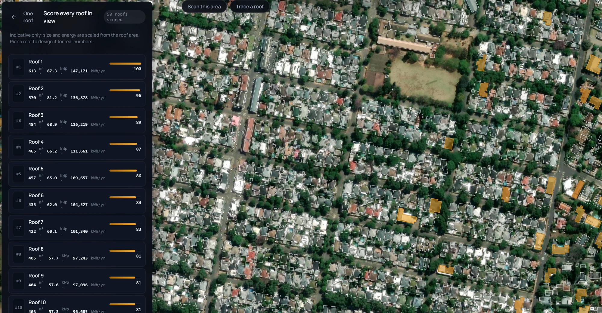 Area scan in the studio: the panel Score every roof in view, 50 roofs scored, a note that size and energy are indicative only, and a ranked list starting with Roof 1 at 613 square metres, 87.3 kWp and 147,171 kWh a year, score 100, beside a satellite map of the street with every building outline drawn and the top roofs filled amber