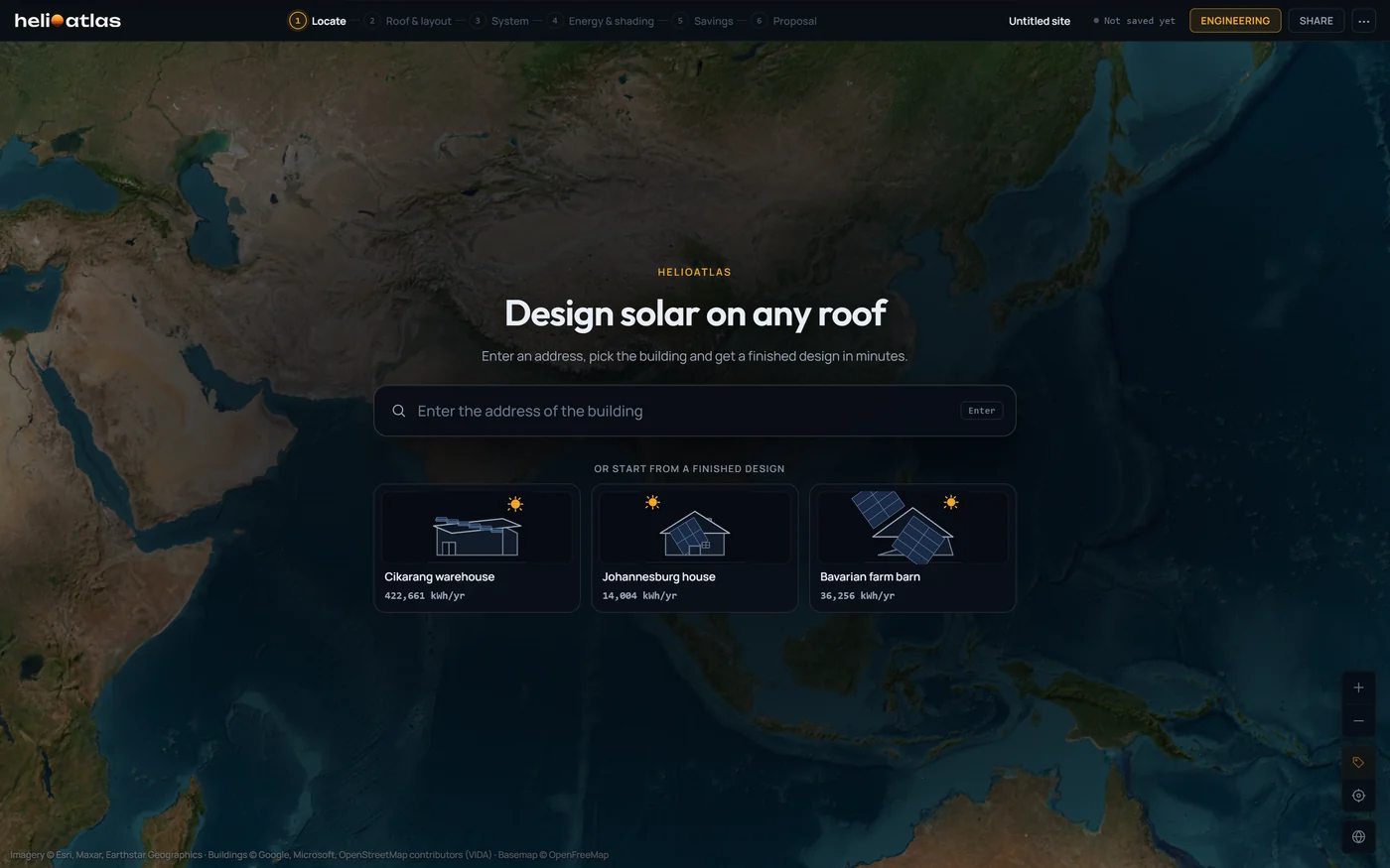 HelioAtlas studio start screen: an address search over a satellite world map, with the three example projects below it