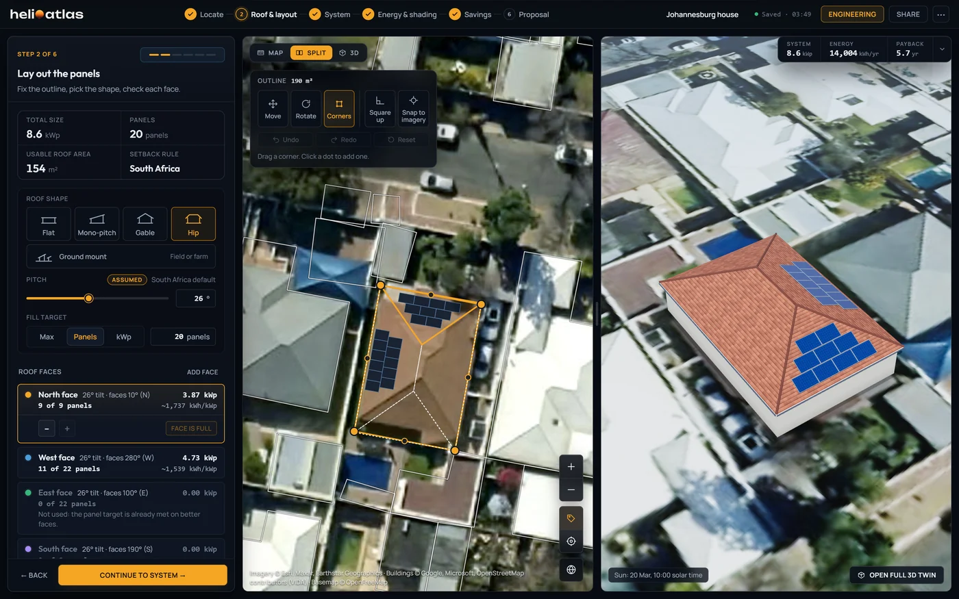 The studio at step 2 in split view: roof faces, the satellite map with the outlined roof and the live 3-D stage