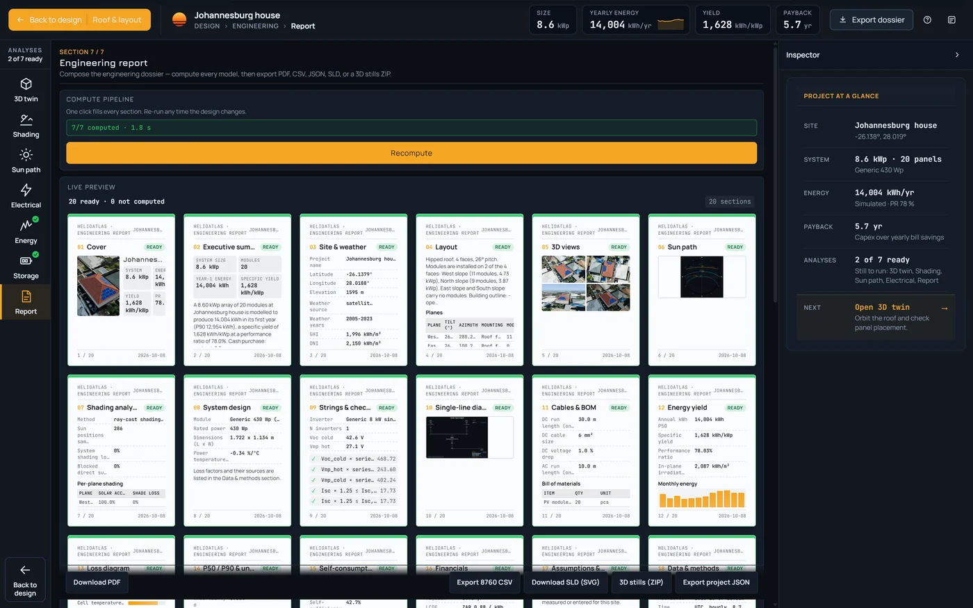 Workbench report: the compute pipeline at 7 of 7 computed, and a live preview of the A4 engineering report, 20 sections ready, from the cover to the energy yield