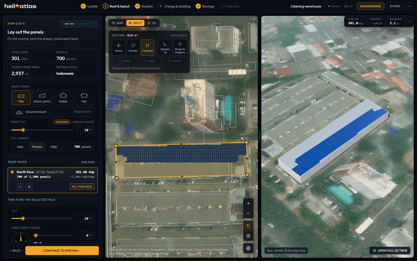 Studio step 2 on the Cikarang warehouse example: a flat roof with 700 of 1,300 panels in rack rows at a 10 degree tilt, the Indonesia setback rule, the outline on the map and the rows in 3-D