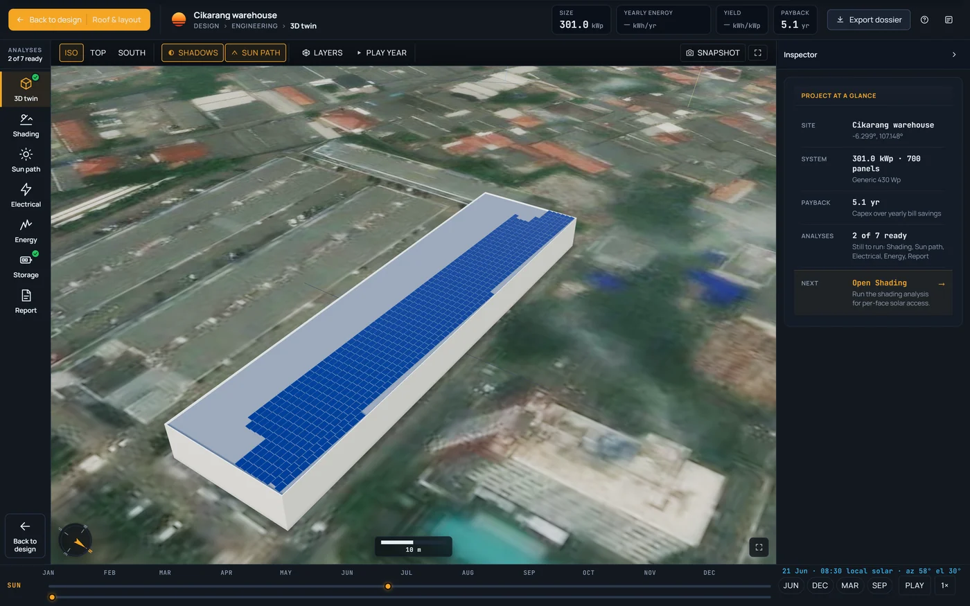 Workbench 3-D twin of the Cikarang warehouse example: the long flat roof with 700 rack-mounted panels on satellite ground, the camera, shadow, sun path and play-year controls above it and the year timeline below