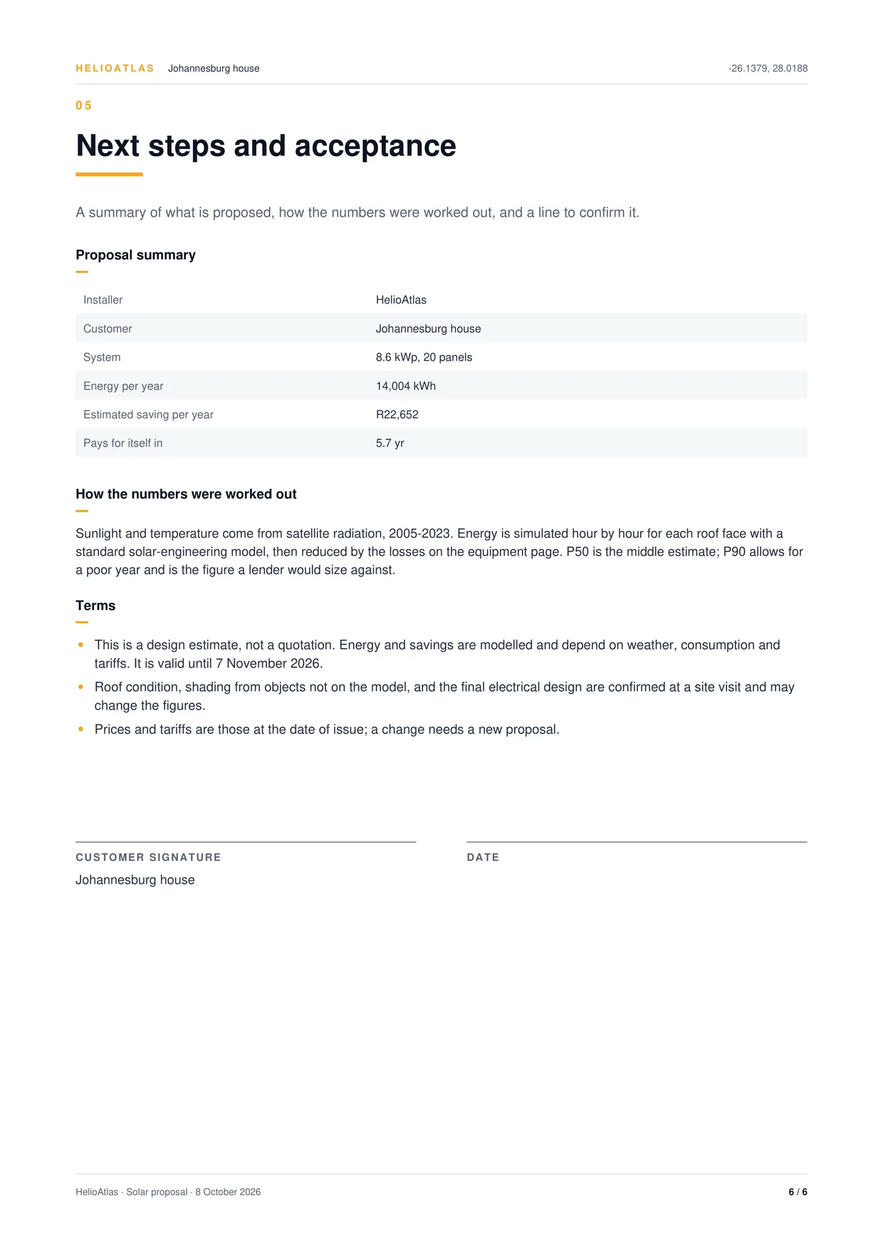 Proposal page 6 of 6, next steps and acceptance: the proposal summary, how the numbers were worked out, and terms stating a design estimate, not a quotation, with its valid-until date