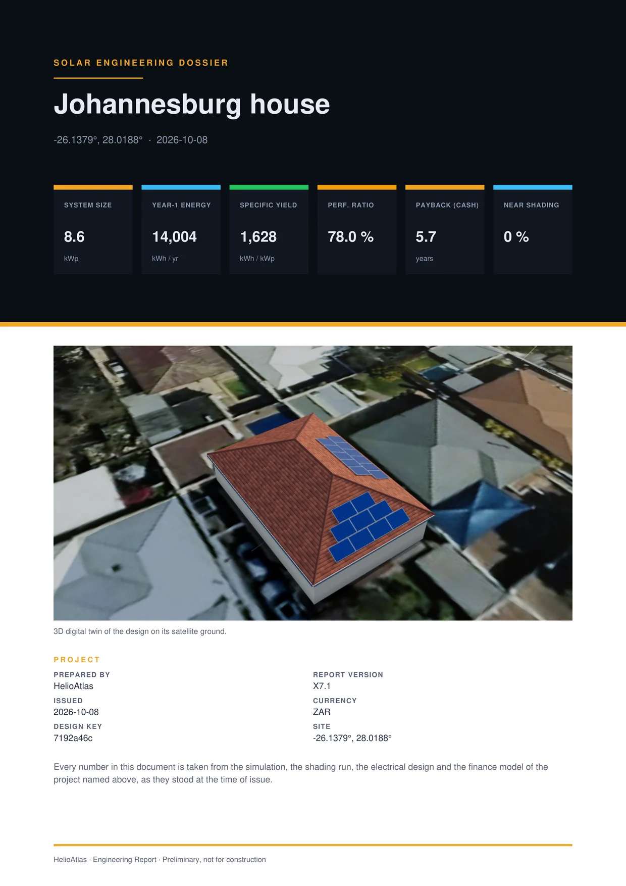 Engineering report, PDF page 1 of 18: the cover, a dark title block for the Johannesburg house example with its key figures, 8.6 kWp, 14,004 kWh a year, 1,628 kWh/kWp, performance ratio 78.0 percent, payback 5.7 years and 0 percent near shading, a 3-D render of the design and the project block