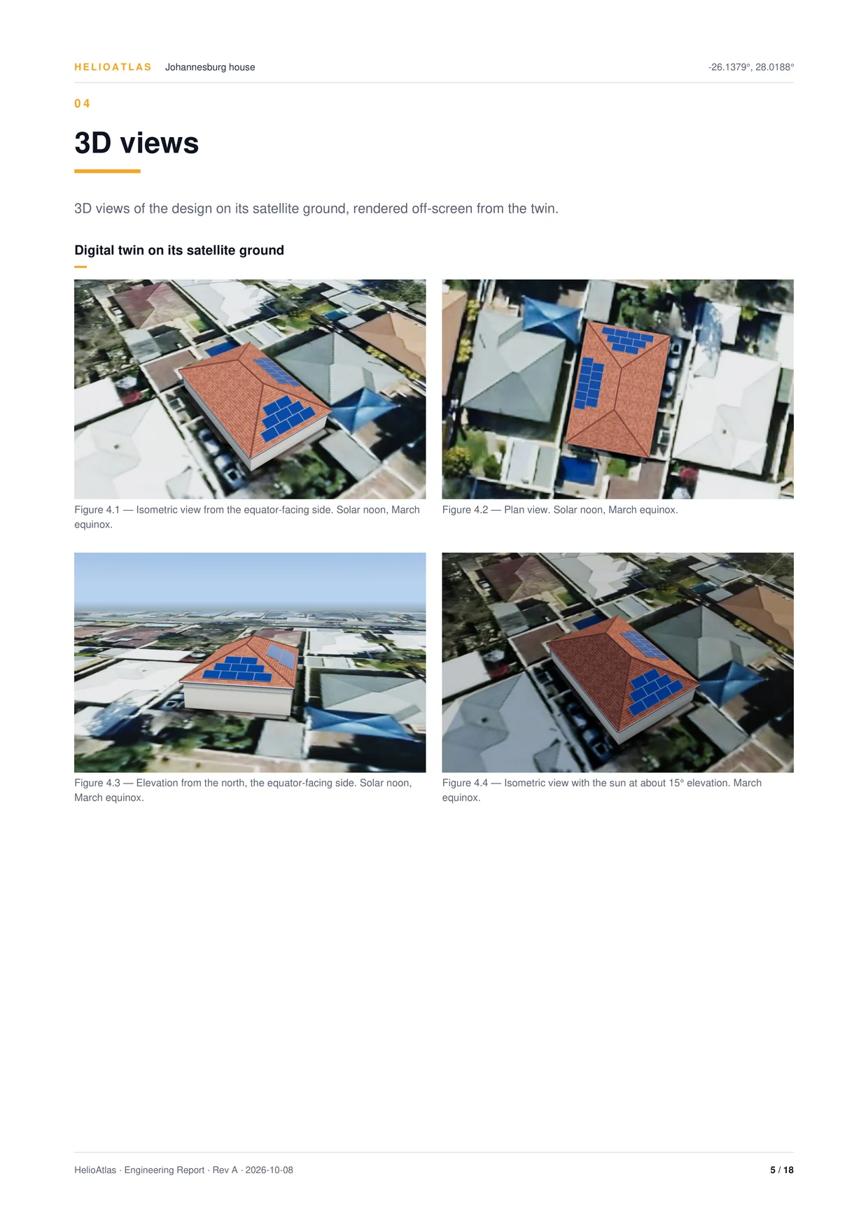 Engineering report, PDF page 5 of 18: section 04, 3-D views, four renders of the twin on its satellite ground: isometric, plan, elevation from the north and a low-sun view